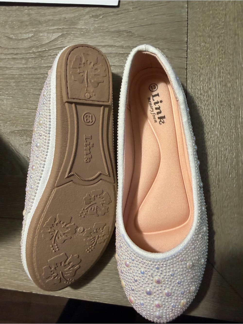 Link Pearl & Rhinestone Embellished White Girls Ballet Flats